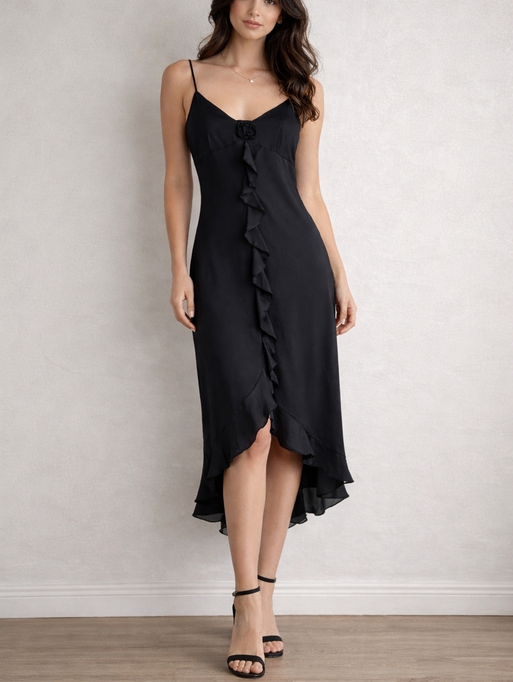 Vintage Y2K 90's Ruffle Spaghetti Strap Dress Black Women 13/14 Elegant Romance